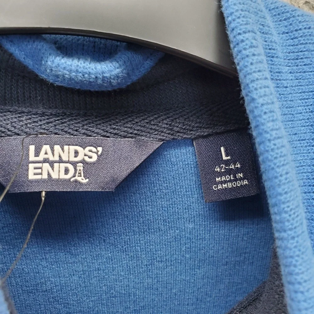 Lands' End Sweater Mens Large Blue Knit Ribbed Hem & Cuff Quarter Zip Pullover